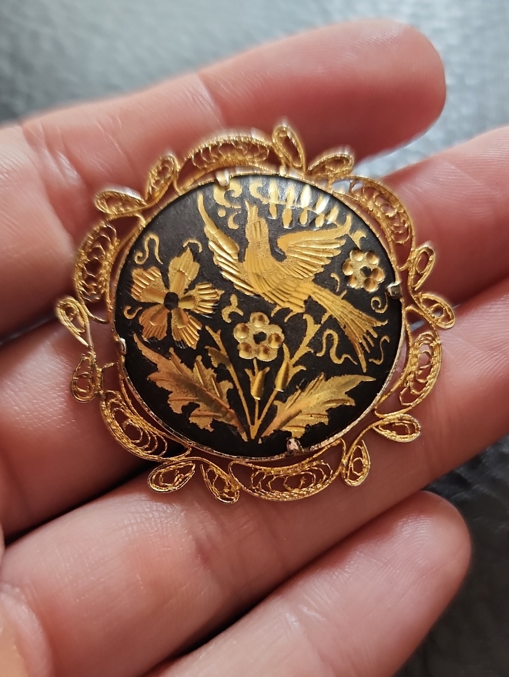 VTG Damascene Gold and Black Floral Bird Brooch